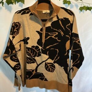 entro Womens quarter Zip-Up Floral Sweater in Beige & Black